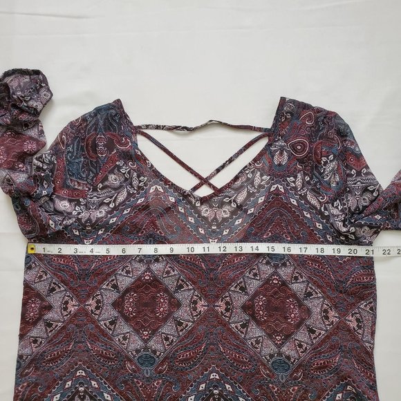 Maurices Women’s 3/4 Sleeve Lattice Back Tunic Blouse Burgundy/Teal Size Large - Picture 12 of 14